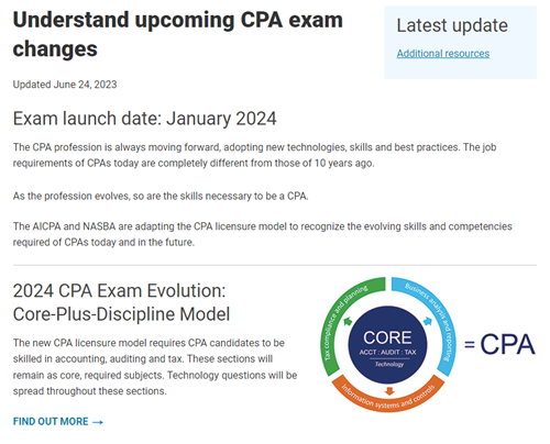 CPA exam changes landing page screenshot