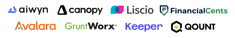 Confirmed vendor logos including: Aiwyn, Avalara, Canopy, Liscio, FinancialCents, GruntWorx, Keeper, Qount and more!